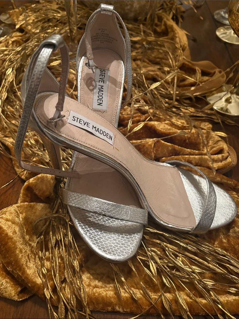 Steve Madden Metallic Silver Textured Strappy Heels